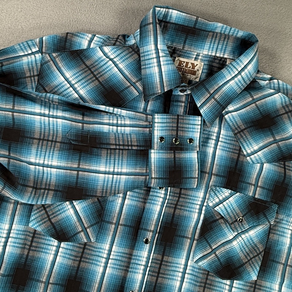 Ely Cattleman Shirt Mens 2XL Blue Black Plaid Pearl Snap Western Cowboy Rodeo